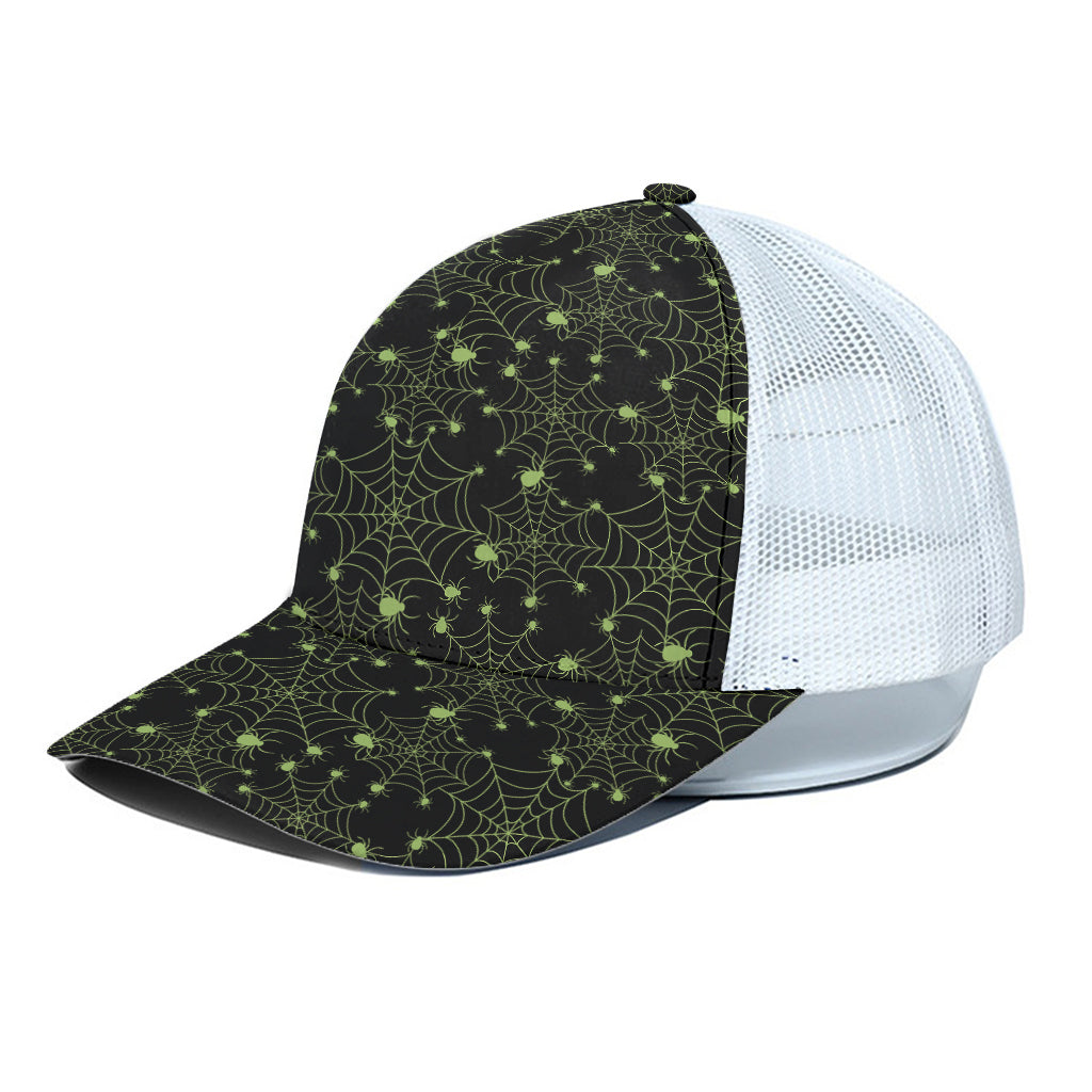 Black And Green Spider Web Pattern Print White Mesh Trucker Cap
