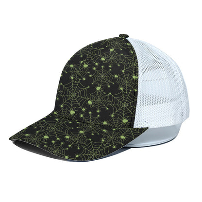 Black And Green Spider Web Pattern Print White Mesh Trucker Cap