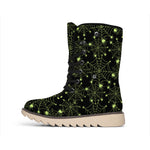 Black And Green Spider Web Pattern Print Winter Boots