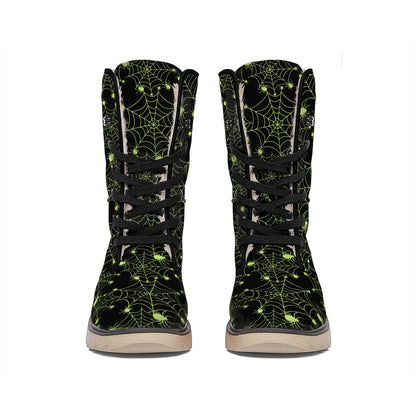 Black And Green Spider Web Pattern Print Winter Boots