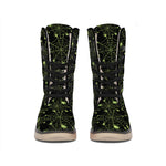 Black And Green Spider Web Pattern Print Winter Boots
