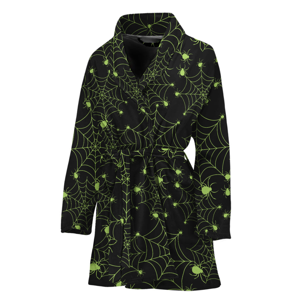Black And Green Spider Web Pattern Print Women's Bathrobe