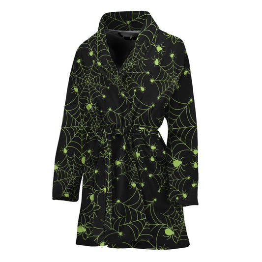 Black And Green Spider Web Pattern Print Women's Bathrobe