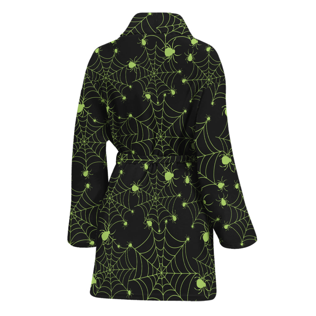 Black And Green Spider Web Pattern Print Women's Bathrobe