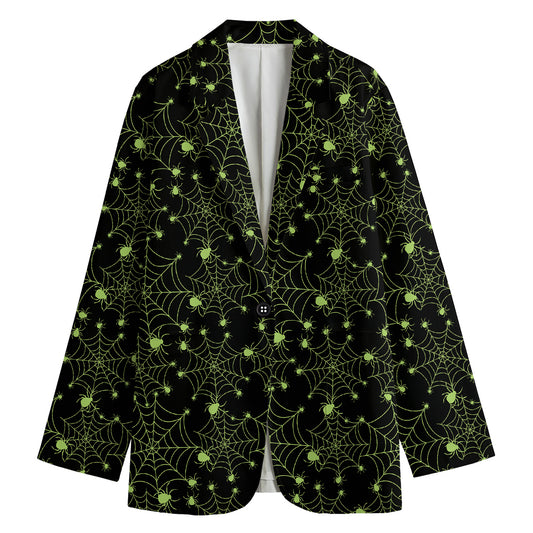 Black And Green Spider Web Pattern Print Women's Blazer