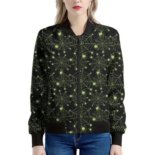 Black And Green Spider Web Pattern Print Women's Bomber Jacket