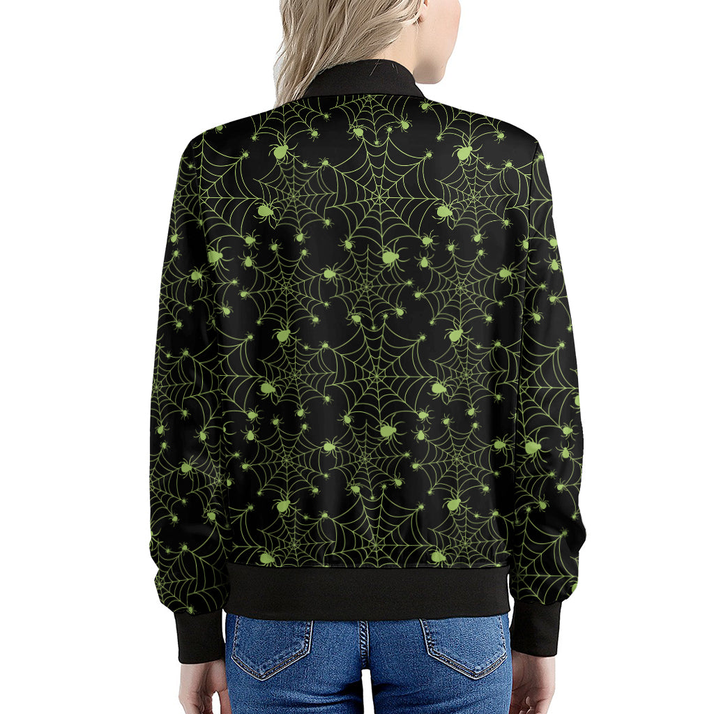 Black And Green Spider Web Pattern Print Women's Bomber Jacket