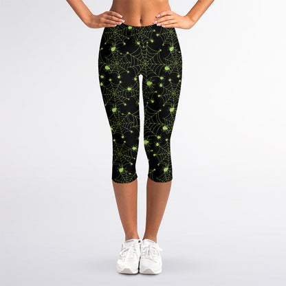 Black And Green Spider Web Pattern Print Women's Capri Leggings