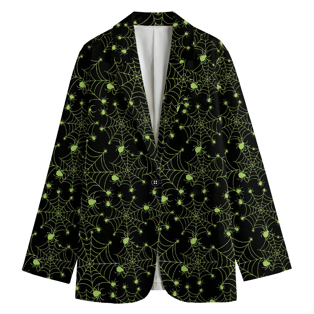 Black And Green Spider Web Pattern Print Women's Cotton Blazer