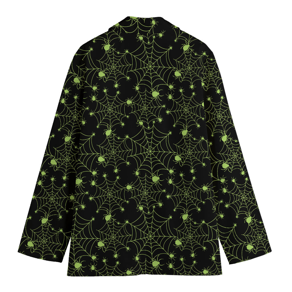 Black And Green Spider Web Pattern Print Women's Cotton Blazer