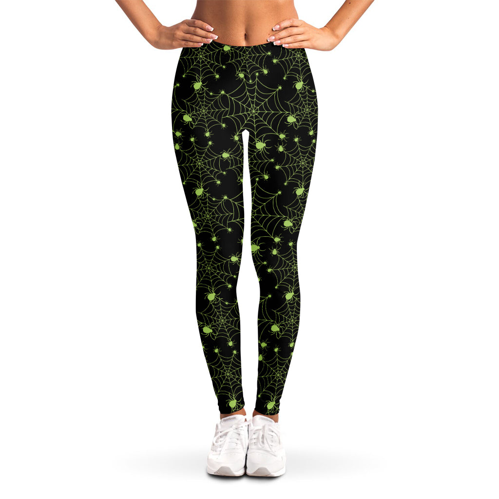 Black And Green Spider Web Pattern Print Women's Leggings