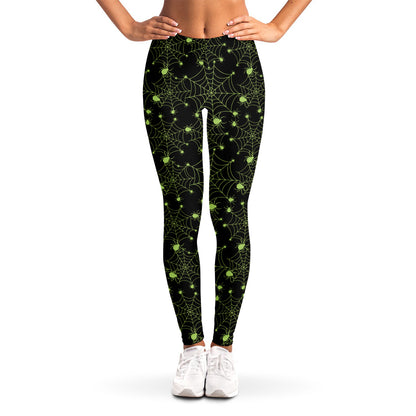 Black And Green Spider Web Pattern Print Women's Leggings