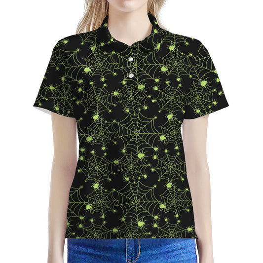 Black And Green Spider Web Pattern Print Women's Polo Shirt