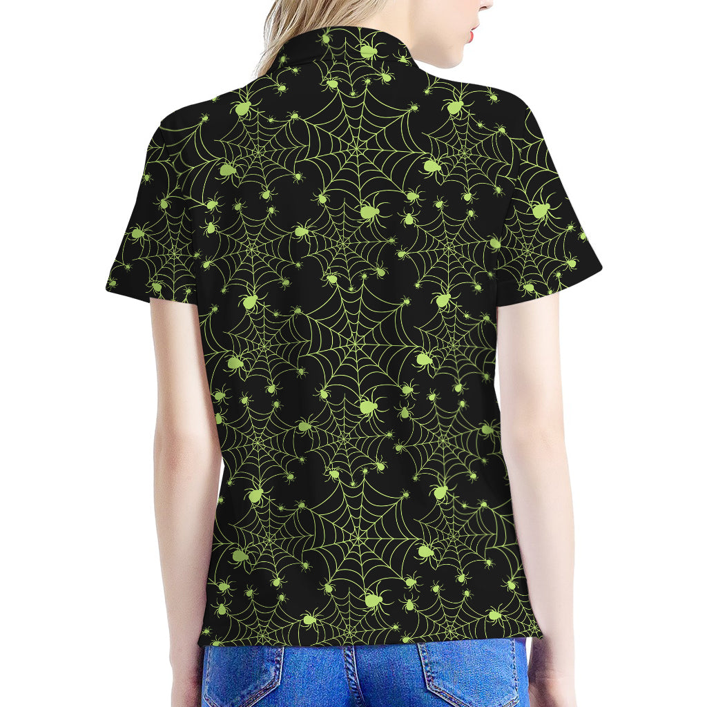 Black And Green Spider Web Pattern Print Women's Polo Shirt