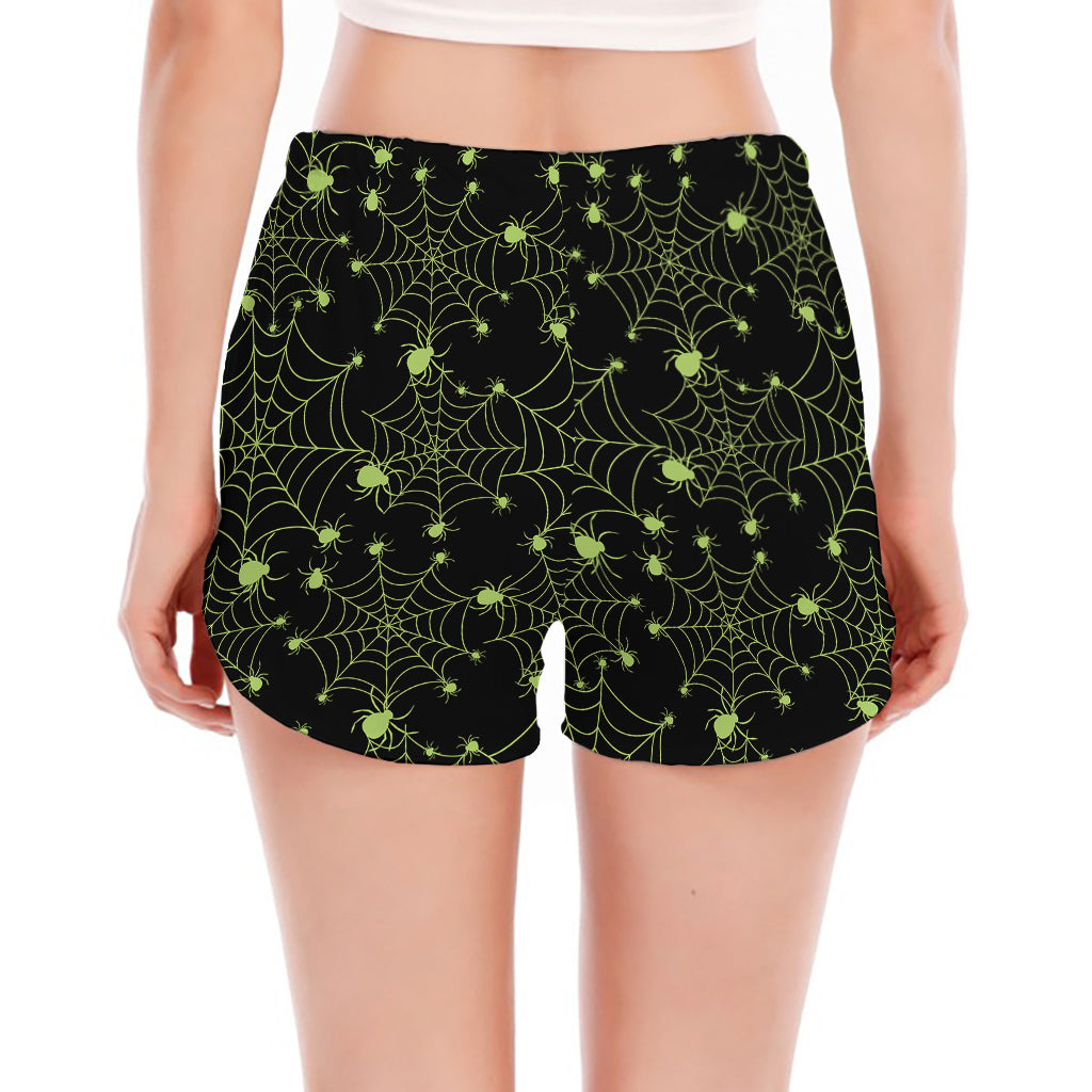 Black And Green Spider Web Pattern Print Women's Split Running Shorts