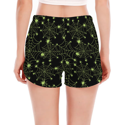 Black And Green Spider Web Pattern Print Women's Split Running Shorts