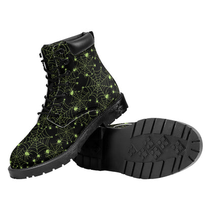 Black And Green Spider Web Pattern Print Work Boots