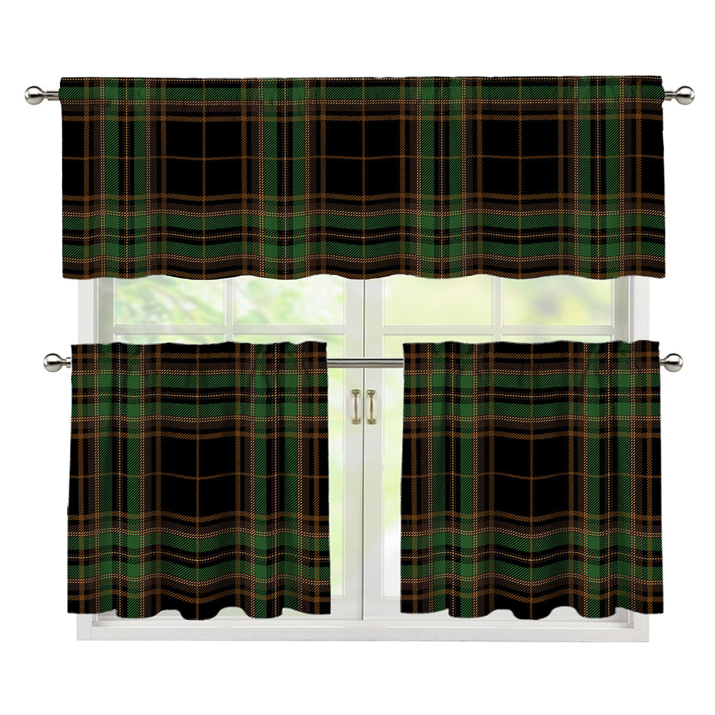 Black And Green Stewart Tartan Print 3 Piece Kitchen Curtains