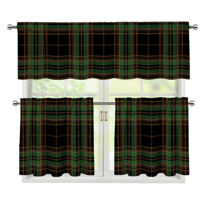 Black And Green Stewart Tartan Print 3 Piece Kitchen Curtains