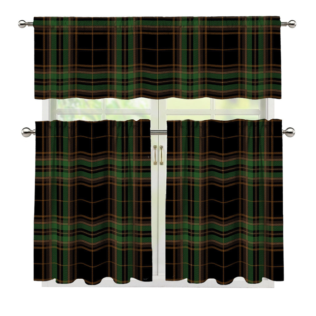 Black And Green Stewart Tartan Print 3 Piece Kitchen Curtains
