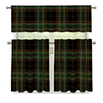 Black And Green Stewart Tartan Print 3 Piece Kitchen Curtains
