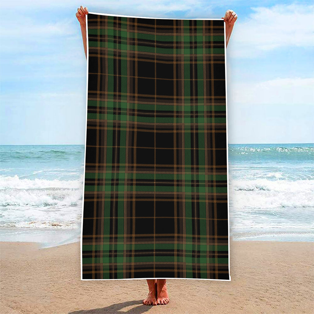 Black And Green Stewart Tartan Print Beach Towel