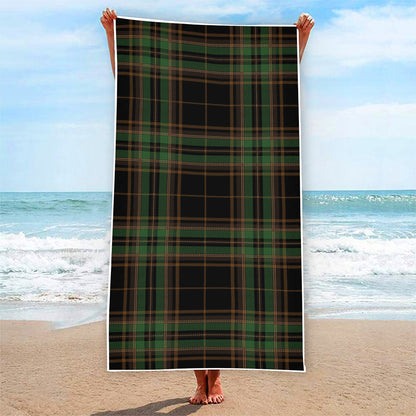 Black And Green Stewart Tartan Print Beach Towel