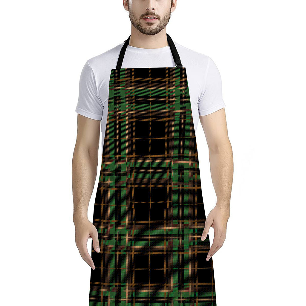 Black And Green Stewart Tartan Print Bib Apron With Pocket