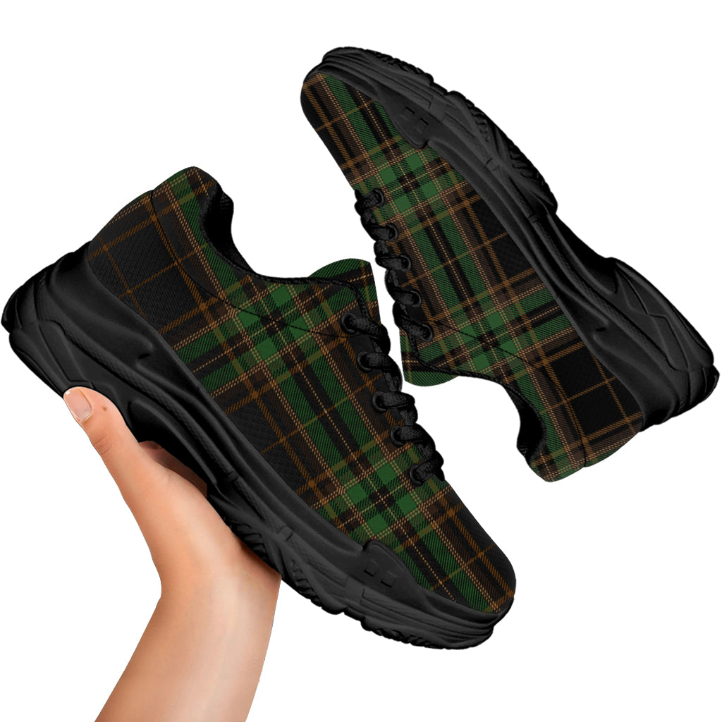 Black And Green Stewart Tartan Print Black Chunky Shoes