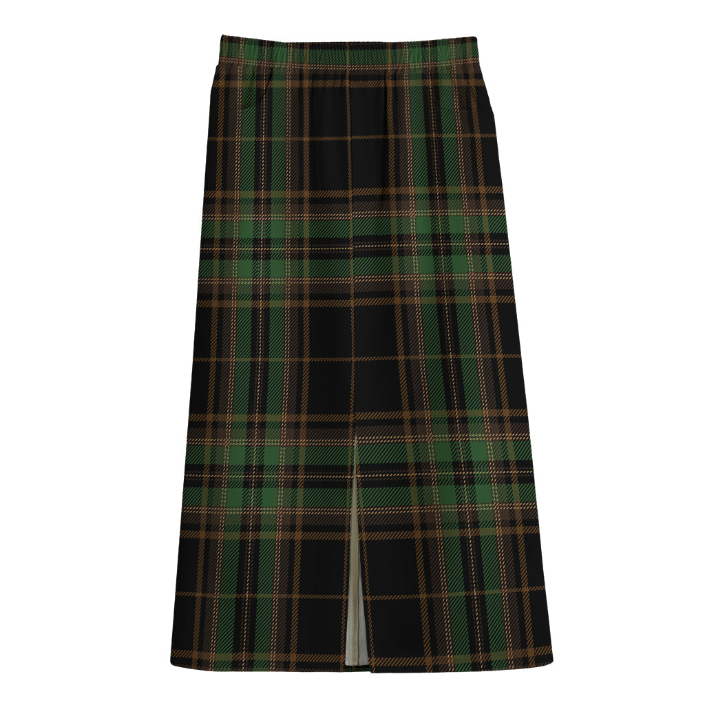 Black And Green Stewart Tartan Print Cotton Front Slit Maxi Skirt