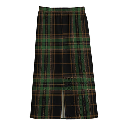 Black And Green Stewart Tartan Print Cotton Front Slit Maxi Skirt