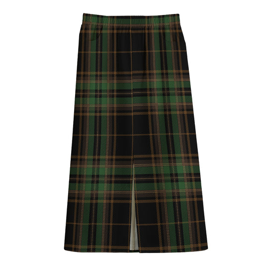 Black And Green Stewart Tartan Print Cotton Front Slit Maxi Skirt