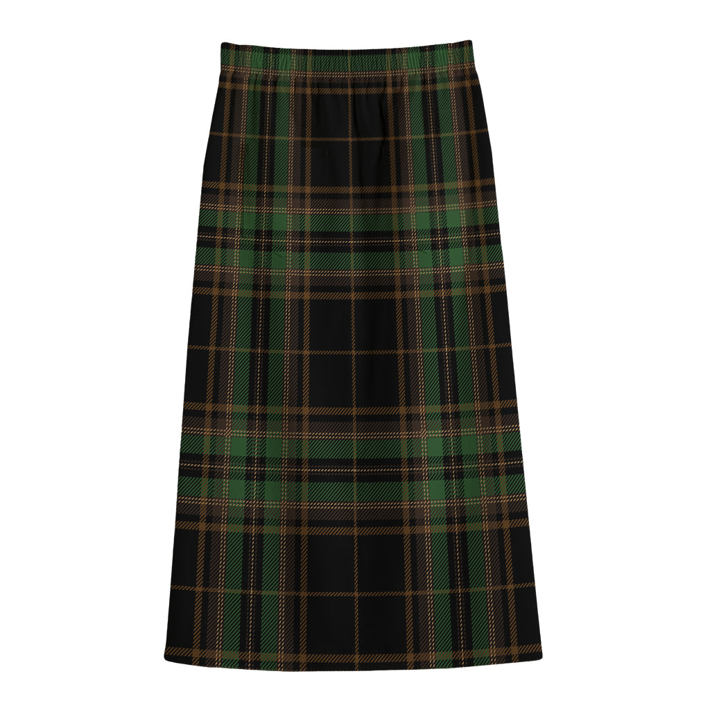 Black And Green Stewart Tartan Print Cotton Front Slit Maxi Skirt