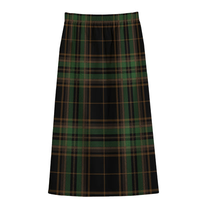 Black And Green Stewart Tartan Print Cotton Front Slit Maxi Skirt