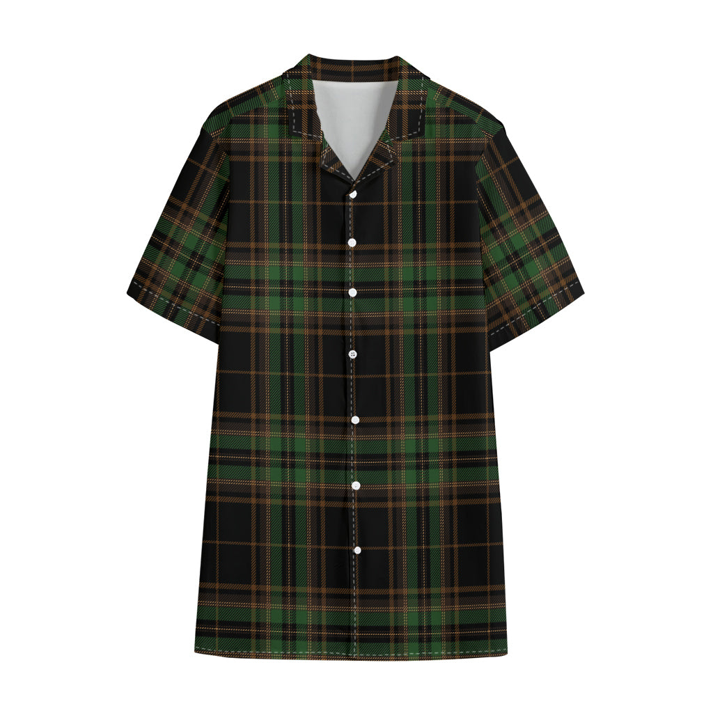 Black And Green Stewart Tartan Print Cotton Hawaiian Shirt