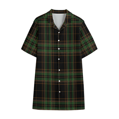 Black And Green Stewart Tartan Print Cotton Hawaiian Shirt