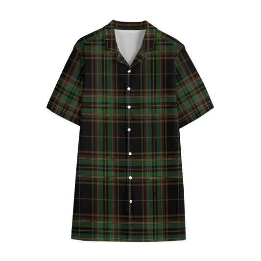 Black And Green Stewart Tartan Print Cotton Hawaiian Shirt