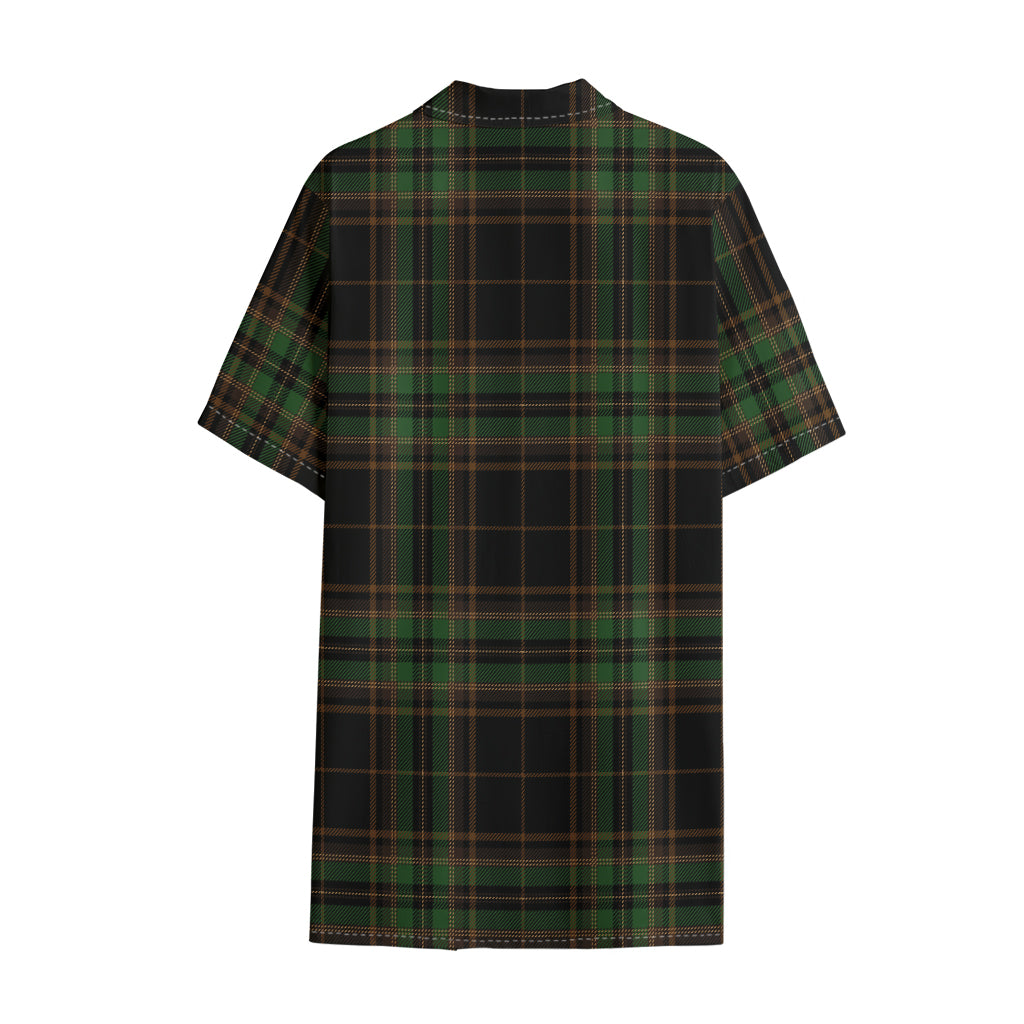 Black And Green Stewart Tartan Print Cotton Hawaiian Shirt