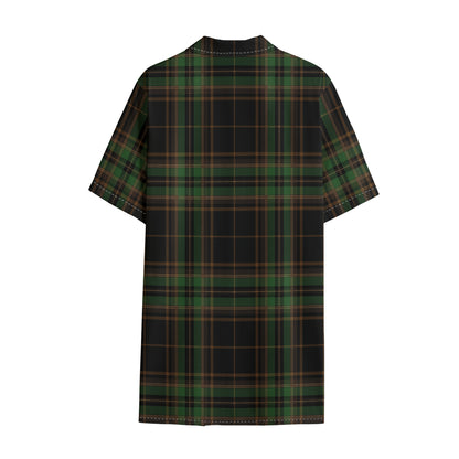 Black And Green Stewart Tartan Print Cotton Hawaiian Shirt