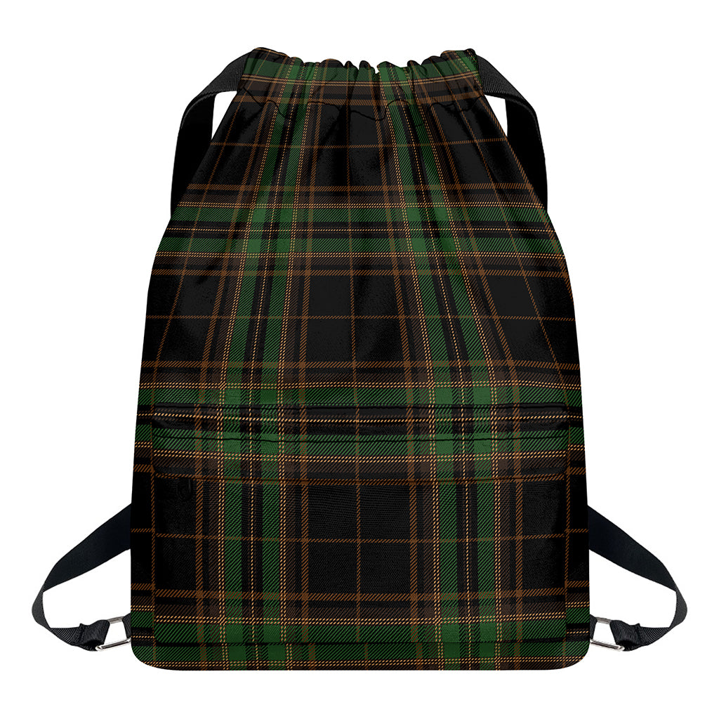 Black And Green Stewart Tartan Print Drawstring Backpack