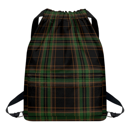Black And Green Stewart Tartan Print Drawstring Backpack