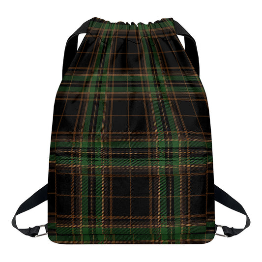 Black And Green Stewart Tartan Print Drawstring Backpack