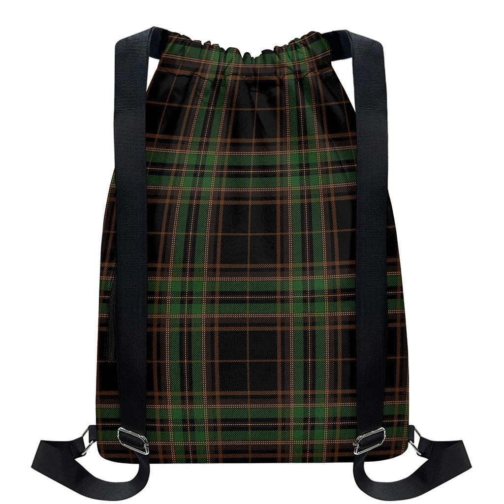 Black And Green Stewart Tartan Print Drawstring Backpack