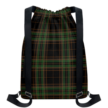 Black And Green Stewart Tartan Print Drawstring Backpack