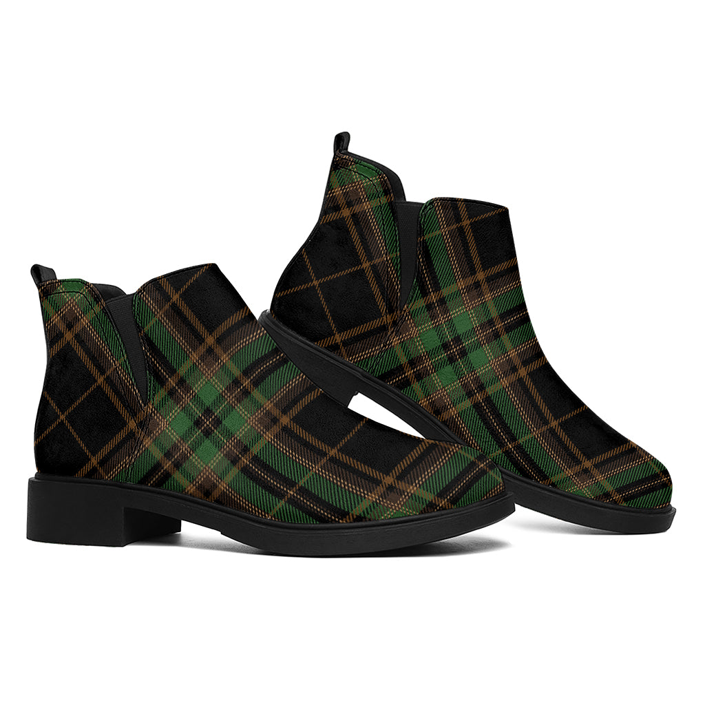 Black And Green Stewart Tartan Print Flat Ankle Boots