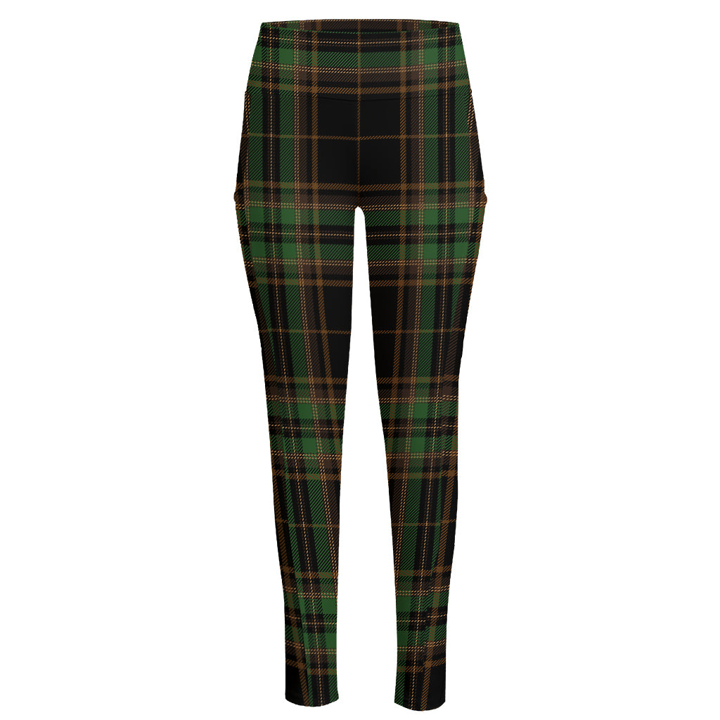 Black And Green Stewart Tartan Print High-Waisted Pocket Leggings