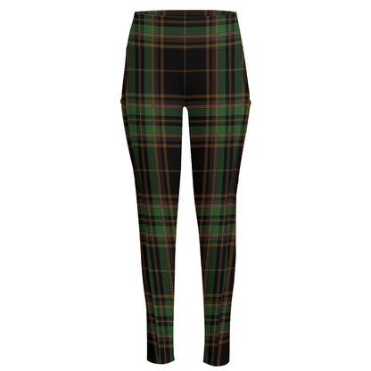 Black And Green Stewart Tartan Print High-Waisted Pocket Leggings