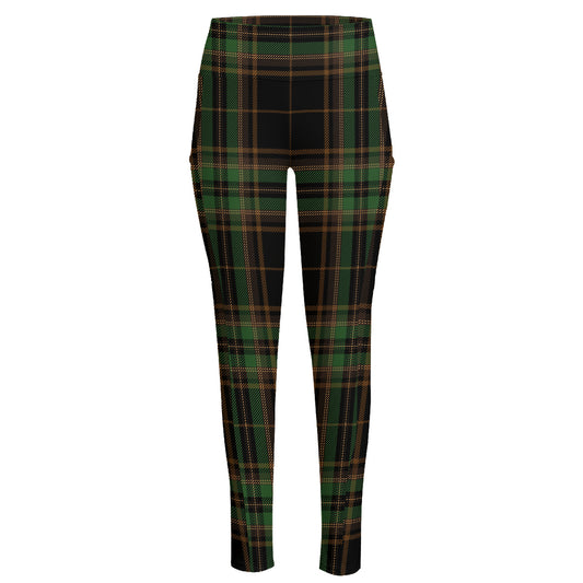 Black And Green Stewart Tartan Print High-Waisted Pocket Leggings