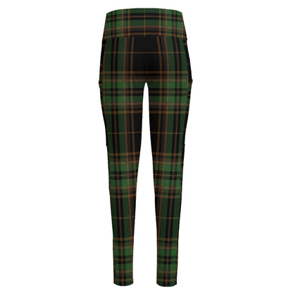 Black And Green Stewart Tartan Print High-Waisted Pocket Leggings