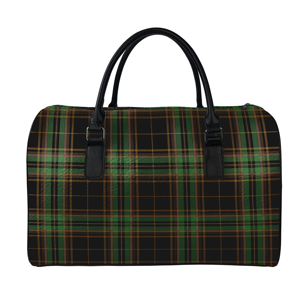 Black And Green Stewart Tartan Print Leather Duffle Bag